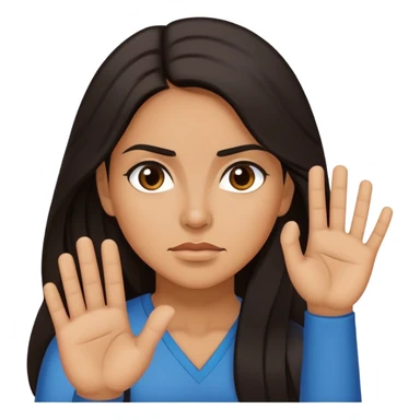 Hispanic woman with long hair, determined, hand out saying “no” sticker