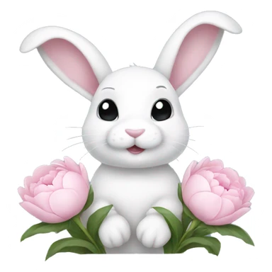 cute white bunny holding light pink peonies sticker