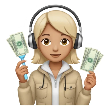 cute emoji style illustration of a K-pop fan holding a bright lightstick in one hand and cash money bills in the other hand, wearing a large headset on the head, round face, simple eyes, flat vector style, soft colors, transparent background, clean outline sticker