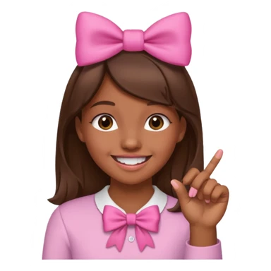Chica con pelo marron sonriendo con un lazo rosa en la cabeza y mordiendose la punta del dedo indice con delicadeza y la otra mano que no salga en el emoji sticker