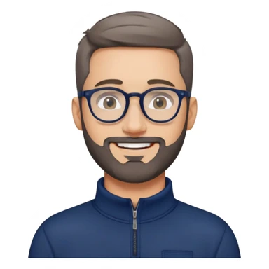 Fair-skinned broader man with oval face, very tight haircut (almost shaved on top, faded sides), short salt and pepper beard, big black-rimmed glasses, friendly smile, navy blue quarter-zip sweatshirt with long sleeves sticker