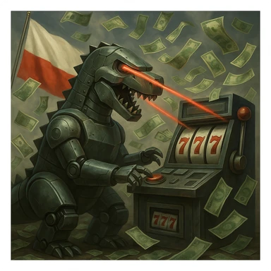 Create a semi-realistic style image of a robot dinosaur shooting lasers out of its eyes while playing a slot machine. Instead of explosions, money is flying everywhere. Include visible Polish flags in the scene. The style should be semi-realistic as described. sticker