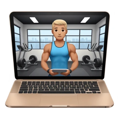 Open laptop on a dark background, showing a male fitness trainer inside a modern professional gym on the screen— smooth rounded edges, soft lighting, no text or logos, minimalistic and high-quality rendering. Only the laptop is visible, centered sticker