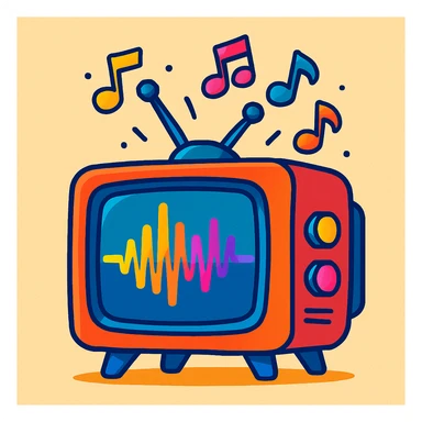 A retro CRT TV showing a sound wave, with animated music notes rising above it, vibrant and playful, vibrant toon style sticker