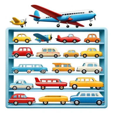 Icon for Toy Collecting: a collection of various vintage toys such as dolls, plush animals, tumblers, cars, planes, ships, action figures, displayed neatly on shelves or in display cases. The icon should evoke the joy and nostalgia of collecting toys. Transparent background. sticker