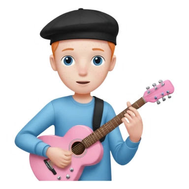 Pale man with light freckles and blue eyes wearing black cap playing a shell pink guitar sticker