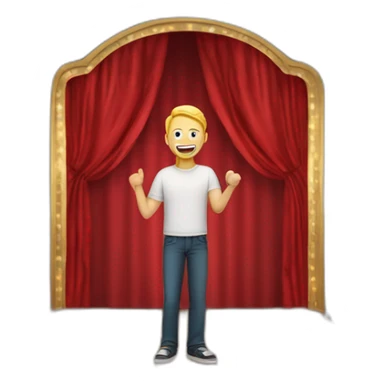 white light skin man person standing in a theater with red curtains standing on elevated stage holding a microphone smiling with light hair sticker