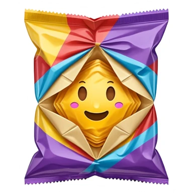 realistic illustration, shiny and detailed snack wrapper, folded and crumpled shape,  sticker
