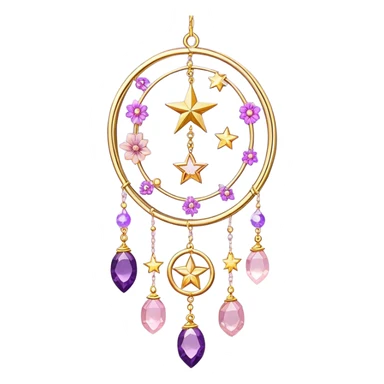 Epic Hanging gold suncatcher, threads with shiny sparkly amethyst and rose-quartz gemstones, flowers, moons, stars, gradient colors, pastel, vibrant colors sticker