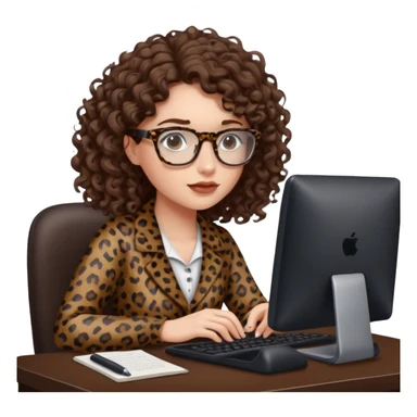 a white young woman with curly brown hair typing in a computer, she's using dark brown leopard glasses and clearly writing something sticker