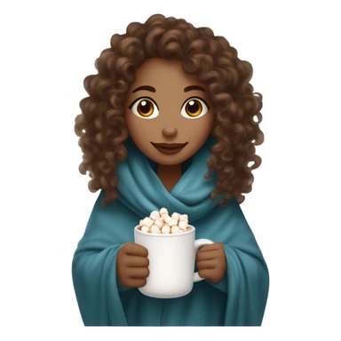 Light skin girl with brown curly hair under our blanket, make it so you can see the curly hairsipping hot cocoa with marshmallows, cuddled around the blanket, long curly hair, long, medium lashes sticker