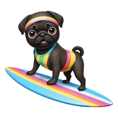 Black pug surfboarding in a rainbow bikini sticker