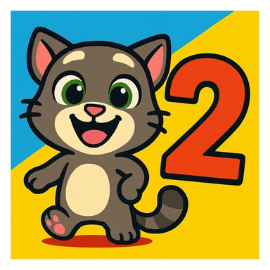 icon in style of My Talking Tom Friends 2, smiling cartoon cat and bold number 2, vibrant colors, rounded shapes sticker
