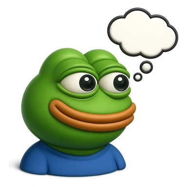 make a pepe in bright green smiling with thought bubble looking at right side in 3d style, good highlights and shadows, drop shadows sticker