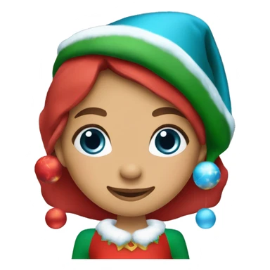Make a Christmas elf wearing a red dress with a nice golden pattern, a nice hat and Christmas earring. The elf is a teenage girl and should have dark brown long hair and ocean blue eyes, with a big nice smile on her face  sticker