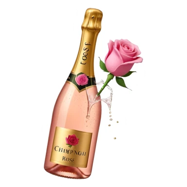 bottle of sparkling rosé champagne with a rose logo on the label, with the cork popping out from the top, tilted up and to the left, no glass sticker