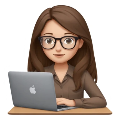 Girl in glasses,brown long hair, brown blouse, sitting with gray MacBook sticker