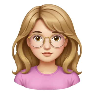 young adult woman with light skin, round face, prominent cheeks, medium plump body, long light brown hair with golden highlights, voluminous and wavy, long bangs over eyebrows, large octagonal glasses with thin golden or light pink frame, casual dark shirt sticker