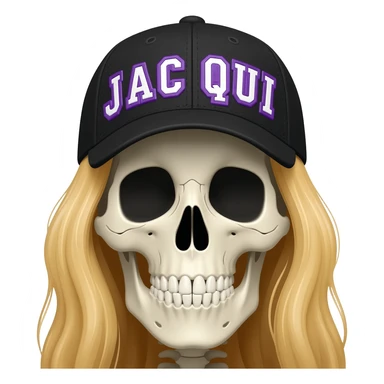 Create a skeleton head wearing a black baseball cap that says " J A C Q U I " in purple, and white lettering, with long blonde hair sticker