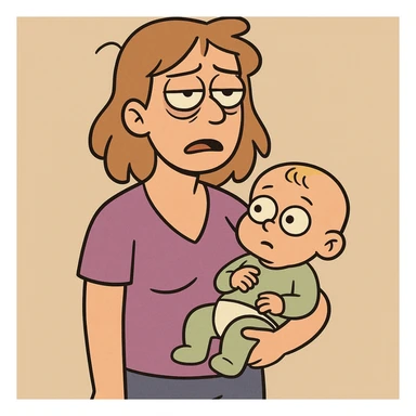 a tired woman holding a baby, simple cartoon style sticker