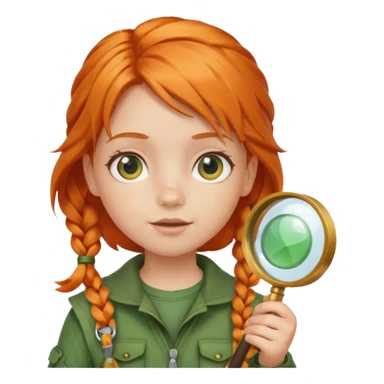 braid orange haired girl kid in green explorer outfit, holding magnifying glass sticker