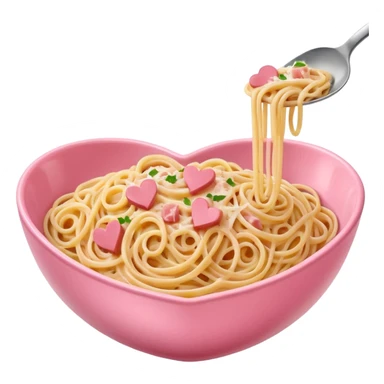 Spaghetti carbonara, in a pink bowl, the bowl should be heartshaped sticker