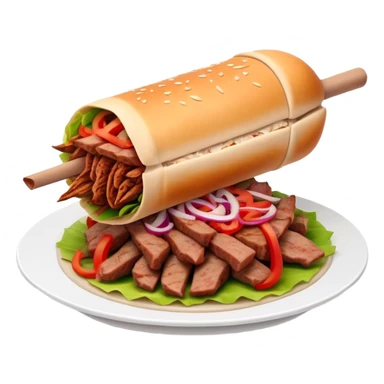 Cinematic Realistic Doner Kebab Dish Emoji, showcasing succulent, spiced meat shaved from a rotating spit rendered with lifelike detail and dynamic, appetizing lighting. sticker