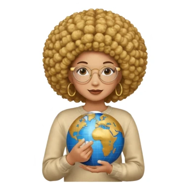 a young woman wearing gold round glasses and afro hair, she has medium/mate skin, she's wearing a sweater and she's holding a globe in her hand sticker