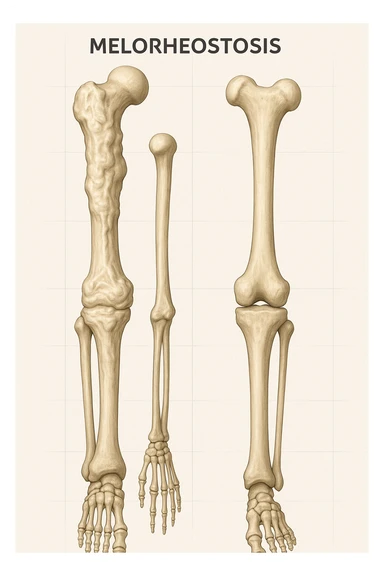 A highly realistic medical illustration focusing on a human arm and leg bones affected by melorheostosis. The bones appear visibly thickened, irregular, and larger than normal, with clear, layered bone growth resembling melted wax dripping down the side of the bones. The image shows a side-by-side comparison with a healthy bone for clarity, highlighting the difference in size and texture. The color palette includes neutral bone colors with subtle shading to show the abnormal contours and ridges. The background is clean and minimalistic, with faint anatomical grid lines for a scientific, educational feel. The overall mood is informative and precise, conveying the key visual characteristic of melorheostosis: progressive bone thickening that makes bones visibly larger and irregular. in italiano sticker