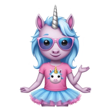 head and shoulders portrait of a friendly anthropomorphised female unicorn in tutu and pink t-shirt, wearing dark sunglasses, blue and silver color scheme sticker