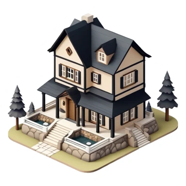 Isometric exterior little black, beige, and white mountain cabin mansion, stone and wood, dollhouse style 3D realistic  sticker