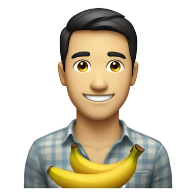 Handsome young man smiling face emoji. Closed eyes, slightly blushing cheeks. Short black hair. Big smile. Wearing a yellow shirt with a smiling banana pattern. Playful expression with a slight touch of defiance sticker