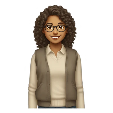 smiling indian teenage girl with curly hair and glasses wearing a collared long sleeve white shirt under a beige sweatervest sticker