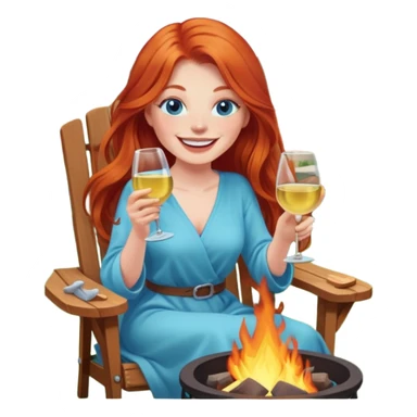 Laughing redhead with long hair and blue eyes holding white wine sitting in chair beside fire pit in backyard sticker