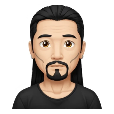 Older Spanish male. Asian eyes. Long, Angular eyebrows. Chin strap goatee.
Untucked, loose fitting black t-shirt. 
long black hair.
Even More tattoos. 
Peaceful sticker