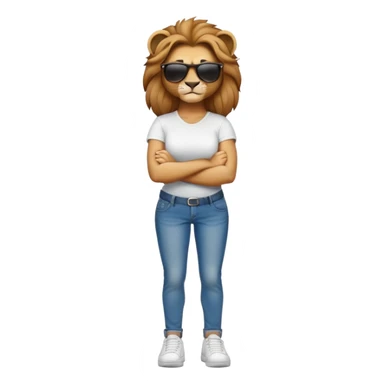 female lion character, full body, standing with arms crossed, wearing jeans, white t-shirt, trainers, dark sunglasses, strong and determined look sticker
