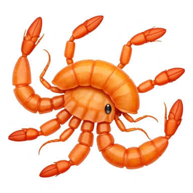 five small dried shrimp, curled, visible legs and antennae, dry translucent surface, pale orange to reddish-brown, rustic sun-dried, no bowl, packaging, extra elements, or faces, clean 3D, soft shadows, transparent background, emoji scale sticker