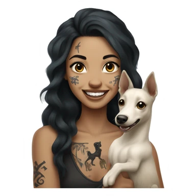 light skin woman with a face tattoo of a cross and long wavy black hair expressing joy alongide a white miniature kelpie sticker