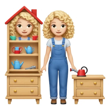 smiling blonde curly woman arranging furniture in doll house with overalls sticker