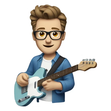 A nerdy white guy with glasses with short brown hair with a small quiff playing a blue classic telescaster sticker