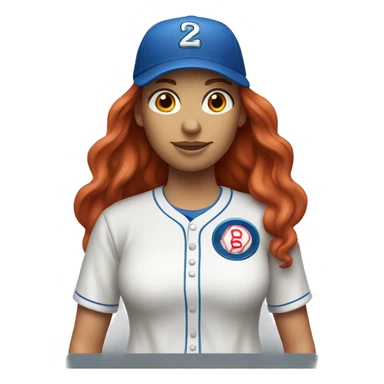 front facing standing up female coach with long red hair, wearing a white t-shirt and a simple baseball blue hat sticker