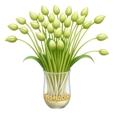 soybean sprouts, small cluster, fresh, pale white stems, light yellow-green tips, long crisp shape, slightly translucent, gentle curves, loose arrangement, no bowl, garnish, or water, soft lighting, emoji scale sticker