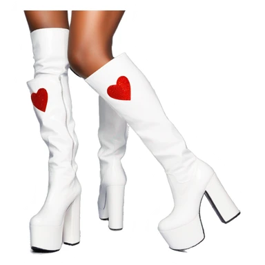 glittery white platform knee high gogo boots with heart cutout sticker