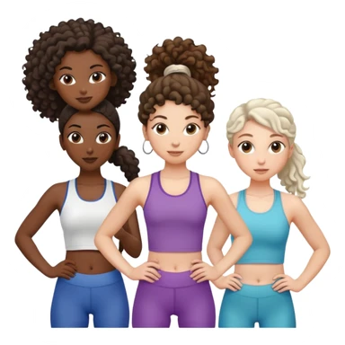 three women friends exercising together, one black woman with curly brown hair, one pale white woman with curly brown hair, and one pale white woman with straight brown hair in a ponytail sticker