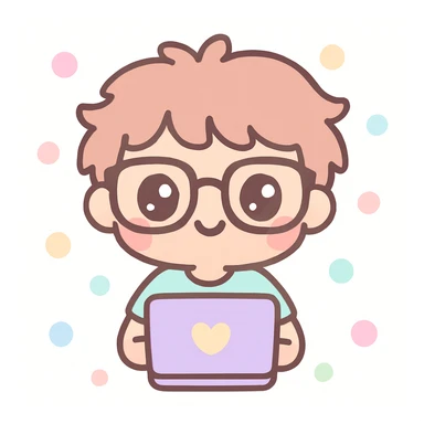 computer nerd icon, thick glasses, messy hair, playful, kawaii cartoon style sticker