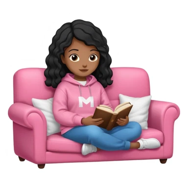 Una chica linda de cabello negro con ondas hasta los hombros de piel blanca con una sudadera rosa en un sofá cómodo y hermoso leyendo la biblia sticker