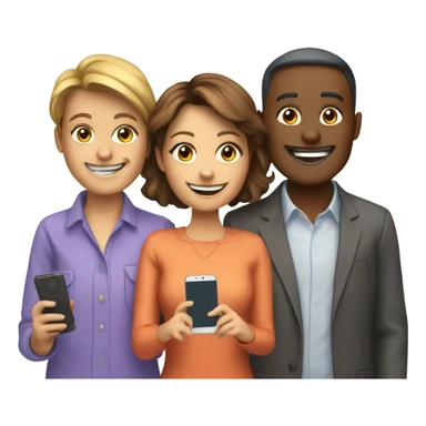 group with three happy person with a smartphone showing charts sticker