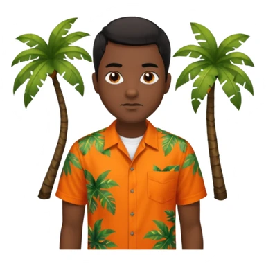 create an emoji of a man in mamma Mia but with very short black hair, dark skin, dark brown eyes and an orange and tropical shirt with short sleeves sticker