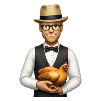 Alton brown wearing bowler hat holding a roasted chicken sticker