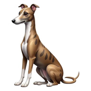 cinematic-[brindle greyhound]-realistic-full-body-sitting-emoji,-tail-resting-loosely-beside-its-paws,-head-tilted-dramatically, -sleek-[brindle]-fur,-simplified-yet-realistic-focused-features,-highly-detailed,-glowing-with-an-almost-sarcastic-glow sticker